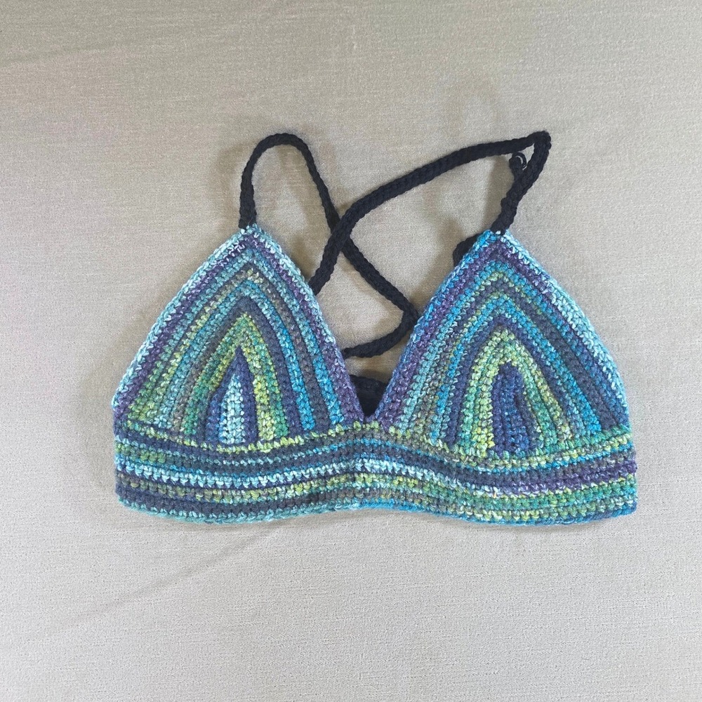Handmade Crochet Triangle Lily Top Bikini Blue Green Boho Festival Bra